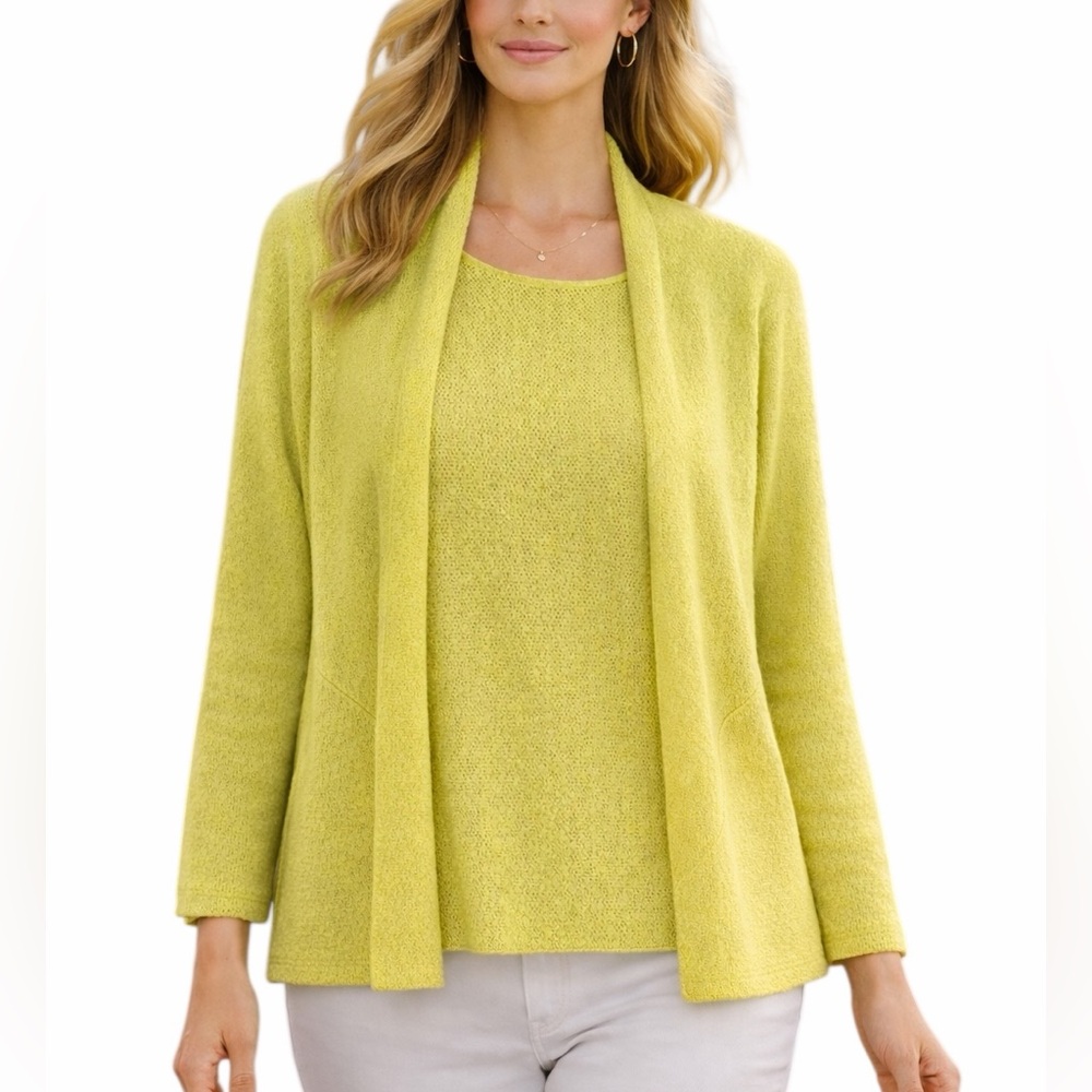 2 Pcs. Eileen Fisher Petite 100% Wool Twin Set Tank Top PL Open Cardigan PM